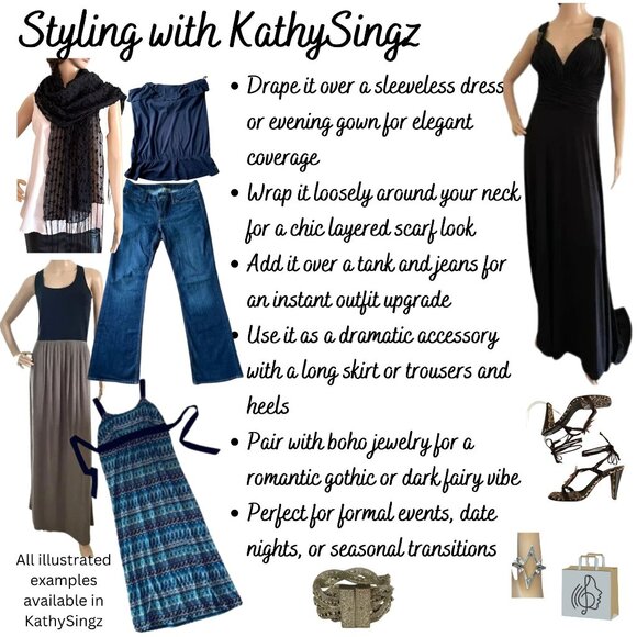 Elegant Black Sheer Mesh Shawl Mini Poms Textured Fringe Night Out Goth Boho - Picture 2 of 10